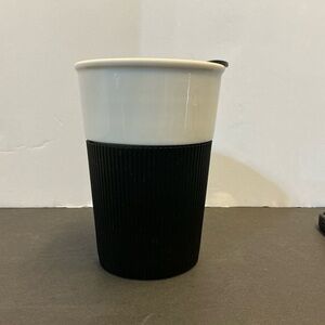 Starbucks White Ceramic Travel Cup with Black Silicone Sleeve